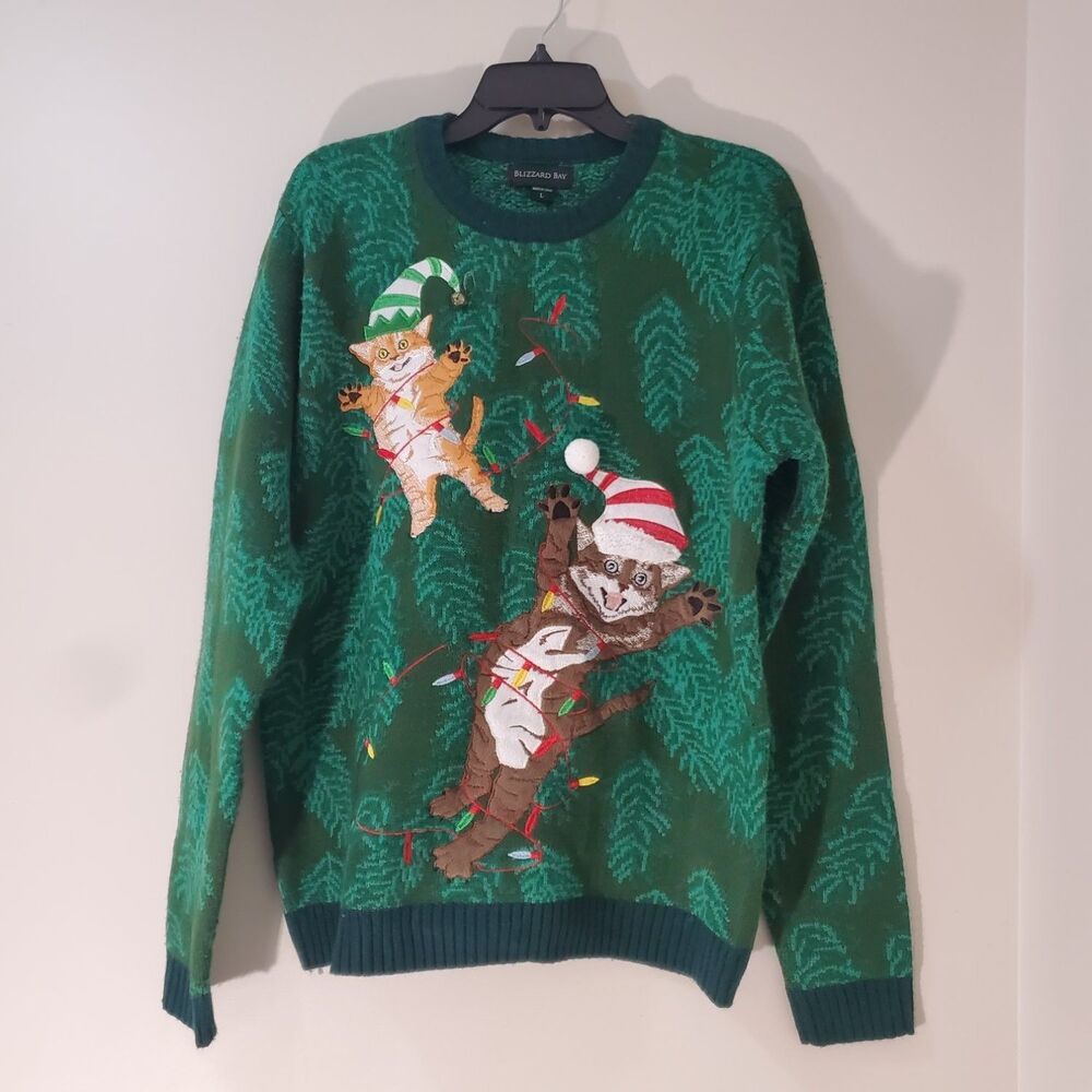 Blizzard Bay Christmas Sweater Womens L Green Crew Neck Long Sleeve Embroidered
